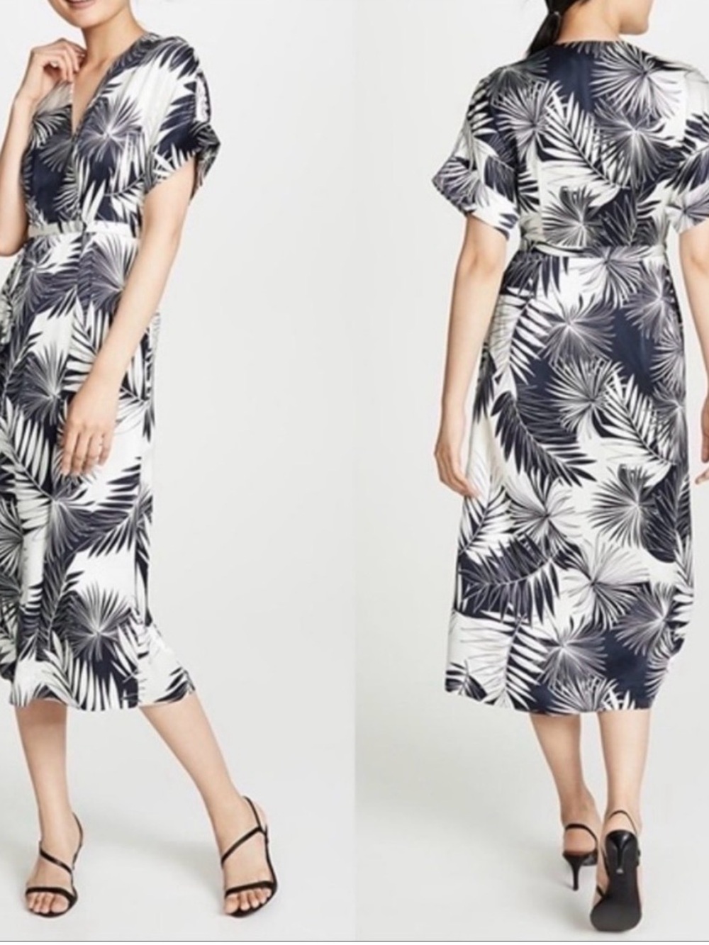 Equipment Tavine Silk Midi Dress White and Navy Palm-Print